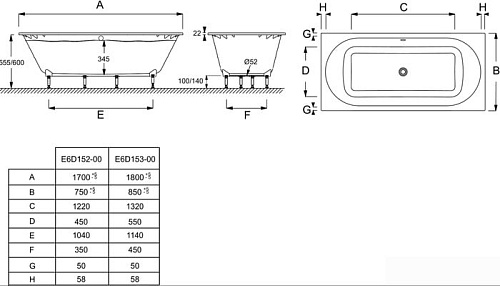 Ванна Jacob Delafon Odeon Rive Gauche 170x75 E6D152-00