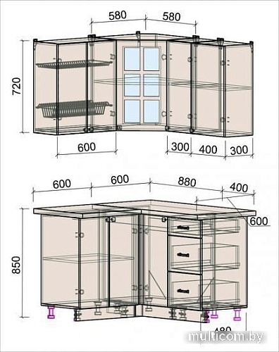 Угловая кухня Интерлиния Мила Деко 1.2x1.3 (пепел/слоновая кость/травертин серый)
