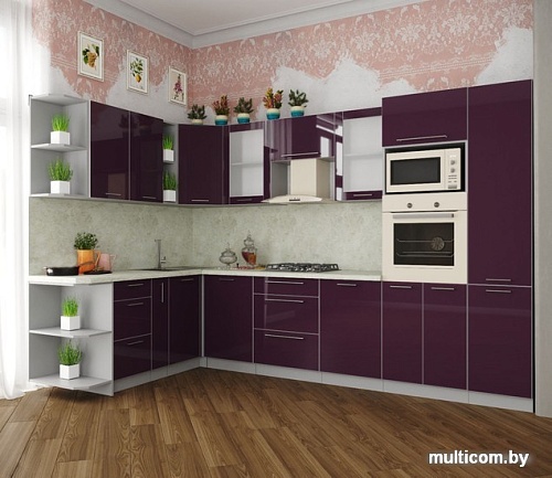 Готовая кухня Интерлиния Мила Пластик 1.88x3.2 левая (слива/слива глянец/опал светлый)