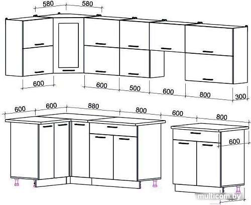 Угловая кухня Интерлиния Мила Gloss 60-12x31 (ваниль/асфальт глянец)