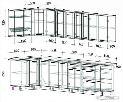 Угловая кухня Интерлиния Мила Пластик 1.2x3.2 (мрамор/белый глянец/кастилло темный)