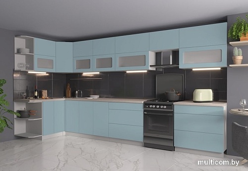 Угловая кухня Интерлиния Мила Матте 1.5x4.0 Б левая (океан/океан/травертин серый)