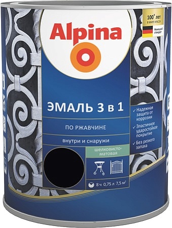 Эмаль Alpina Эмаль 3 в 1 по ржавчине (черный, шелковисто-матовая, 0.75 л)