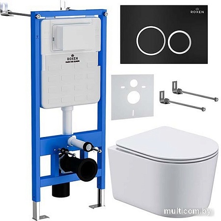 Унитаз подвесной Roxen Simple Compact в комплекте с инсталляцией StounFix Slim 6 в 1 911522 (кнопка: черный матовый)