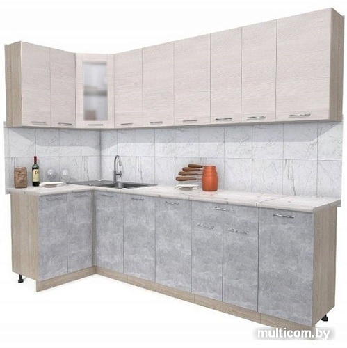 Готовая кухня Интерлиния Мила 12x28 (вудлайн кремовый-бетон-бискайская сосна)