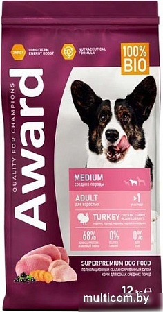Сухой корм для собак Award Adult Medium для взрослых средних пород с индейкой, курицей с добавлением моркови и черной смородины 12 кг