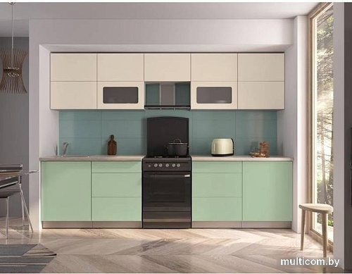 Кухня Интерлиния Мила Матте 3.0 Б (слоновая кость/мята/травертин серый)