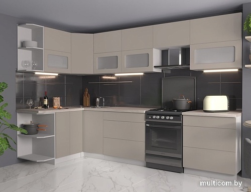 Угловая кухня Интерлиния Мила Матте 1.5x3.1 Б левая (луна/луна/травертин серый)