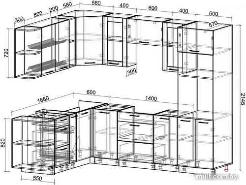 Готовая кухня Интерлиния Мила 1.88x2.6 левая без столешницы (шимо светлый/шимо темный)