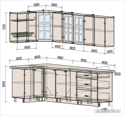 Угловая кухня Интерлиния Мила Деко 1.2x2.6 (океан/травертин серый)