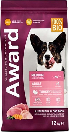 Сухой корм для собак Award Adult Medium для взрослых средних пород с индейкой, курицей с добавлением моркови и черной смородины 12 кг