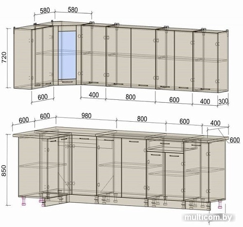 Готовая кухня Интерлиния Мила 12x28 (вудлайн кремовый-бетон-бискайская сосна)