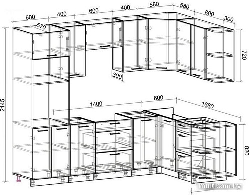 Готовая кухня Интерлиния Мила Лайт 1.68x2.6 правая без столешницы (дуб белый/дуб серый)