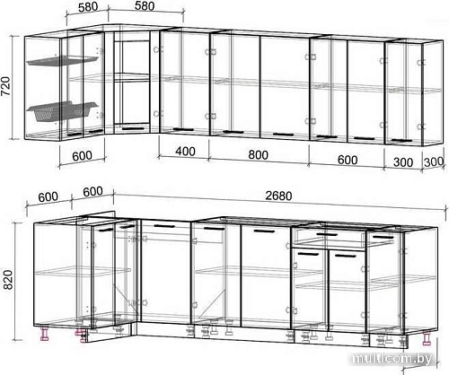 Готовая кухня Интерлиния Мила 12x27 без столешницы (белый платинум/дуб золотой)