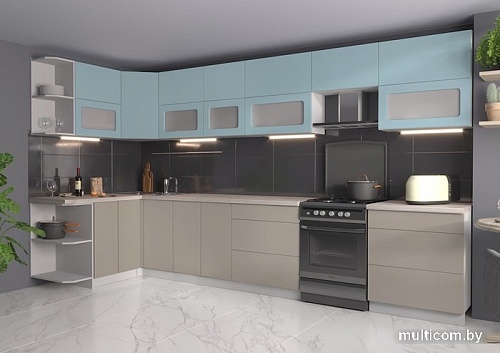 Угловая кухня Интерлиния Мила Матте 1.5x3.7 Б левая (океан/луна/травертин серый)