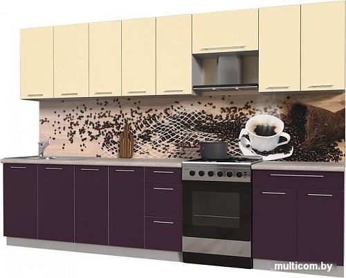 Кухня Интерлиния Мила Пластик 3.2 А (слива глянец/ваниль глянец/травертин)