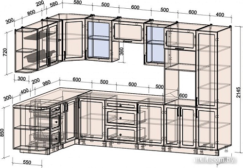 Готовая кухня Интерлиния Тренд 1.88x3.2 ВТ левая (луна/белый/серый каспий)