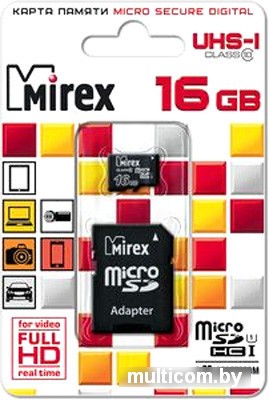 Карта памяти Mirex microSDHC UHS-I (Class 10) 16GB + адаптер [13613-ADSUHS16]