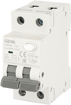 Дифференциальный автомат GEYA GYR9N 1P+N 16A C 6кА 30 мА AC GYR9NMC1630MA
