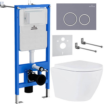 Унитаз подвесной Roxen Antares 530185-02 в комплекте с инсталляцией StounFix Slim 6 в 1 966055 (кнопка: серый бетон)