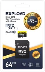 Карта памяти Exployd Premium Series microSDXC 64GB EX064GCSDXC10UHS-1-ELU3 (с адаптером)