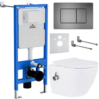 Унитаз подвесной Roxen Antares Bidet в комплекте с инсталляцией StounFix Slim 6 в 1 960516 (кнопка: оружейная сталь)