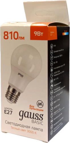 Светодиодная лампочка Gauss Basic E27 9W 3000K A60 10202192