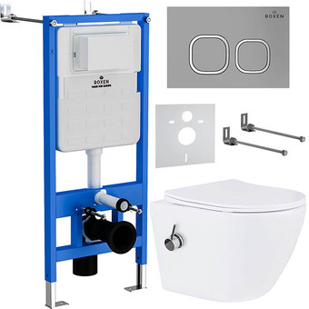 Унитаз подвесной Roxen Antares Bidet в комплекте с инсталляцией StounFix Slim 6 в 1 947524 (кнопка: хром матовый)