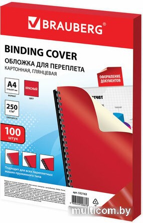 Картонная обложка для переплета BRAUBERG A4 250 г/м2 100 шт 532163 (красный)