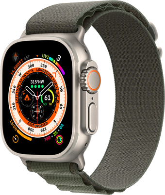 Профессиональные умные часы Apple Watch Ultra LTE 49 мм (титановый корпус, титановый/темно-зеленый, текстильный ремешок размера L)