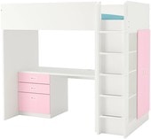 Кровать-чердак Ikea Стува/Фритидс 200x90 (3 ящика, 2 дверцы, бел/розовый) 692.676.76