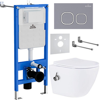 Унитаз подвесной Roxen Antares Bidet в комплекте с инсталляцией StounFix Slim 6 в 1 966430 (кнопка: серый бетон)
