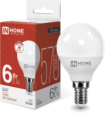 Светодиодная лампочка In Home LED-Шар-VC 6Вт 230В Е14 4000К 570Лм 4690612020518