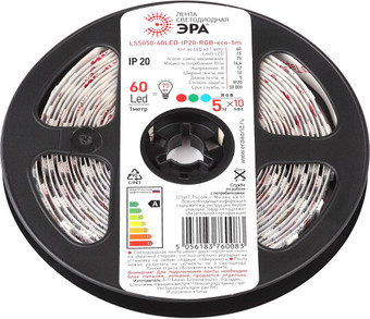 Светодиодная лента ЭРА LS5050-14,4-60-12-RGB-IP20-1year-5m