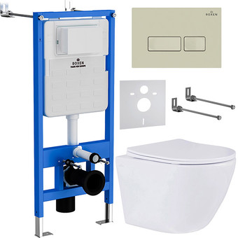 Унитаз подвесной Roxen Antares 530185-01 в комплекте с инсталляцией StounFix Slim 6 в 1 966626 (кнопка: бежевый)