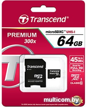 Карта памяти Transcend microSDXC Premium Class 10 64GB + адаптер [TS64GUSDXC10]