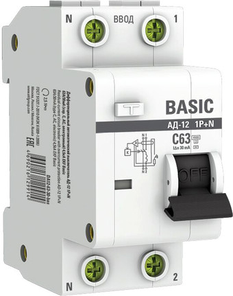 Дифференциальный автомат EKF Basic АД-12 1P+N 63А 30мА АС C DA12-63-30-bas