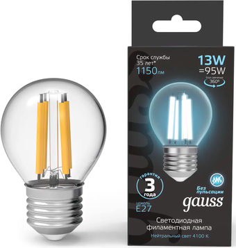 Светодиодная лампочка Gauss Filament Шар 13W 1150lm 4100К Е27 LED 1/10/50 105802213