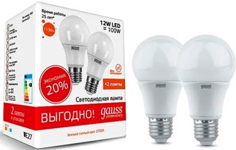 Светодиодная лампочка Gauss Elementary A60 12W 3000K E27 23212P (2 шт)