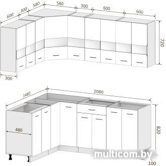 Угловая кухня Кортекс-мебель Корнелия Экстра 1.5x2.1 без столешницы (белый/береза)