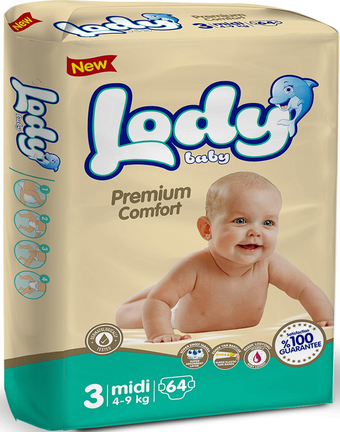 Подгузники Lody Baby Midi 4-9 кг Jumbo (64 шт)