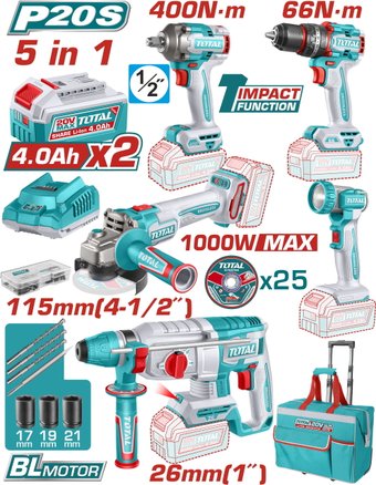 Total TCKLI20592 (шуруповерт, гайковерт, перфоратор, болгарка, фонарь, 2 АКБ, сумка)