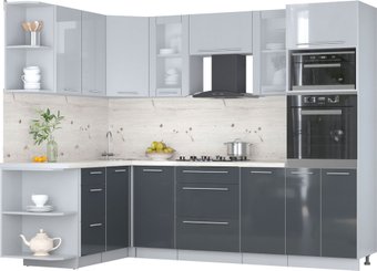 Готовая кухня Интерлиния Мила Пластик 1.68x2.6 LV (туманный глянец/антрацит/бискайская сосна)