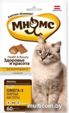 Лакомство для кошек Мнямс Здоровье и красота. Хрустящие подушечки с лососем 60 г