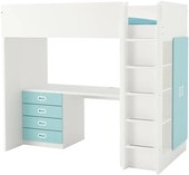 Кровать-чердак Ikea Стува/Фритидс 200x90 (4 ящика, 2 дверцы, бел/голубой) 592.621.89