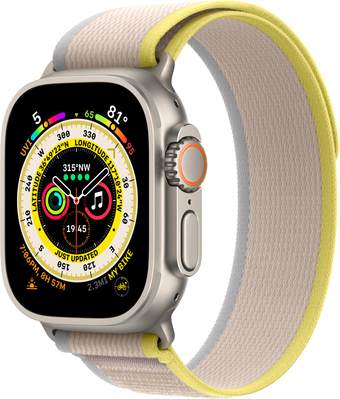 Профессиональные умные часы Apple Watch Ultra LTE 49 мм (титановый корпус, титановый/желто-бежевый, нейлоновый ремешок размера S/M)