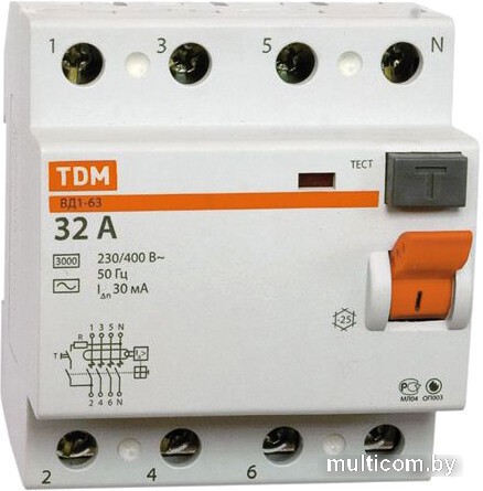 Устройство защитного отключения TDM Electric ВД1-63 4Р 25А 30мА SQ0203-0032