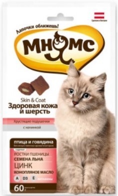 Лакомство для кошек Мнямс Здоровая кожа и шерсть. С птицей и говядиной 60 г