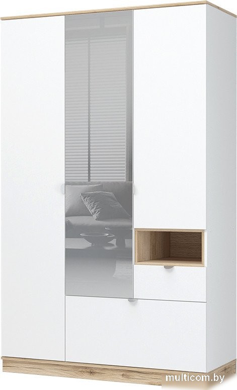 Шкаф распашной Стендмебель Юкки ШК 1Я 1350 3х створчатый с зеркалом (белый/дуб делано)