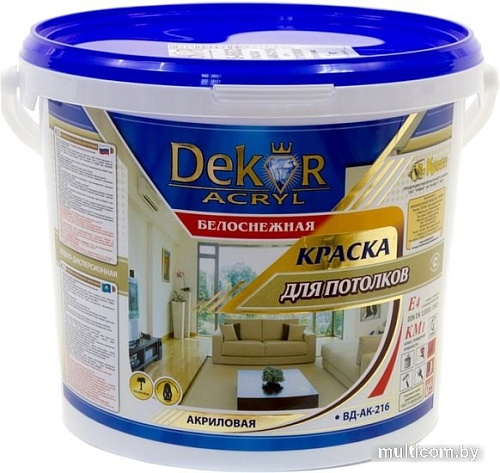 Краска Dekor ВД-АК-216 для потолков (белоснежный, 7 кг)